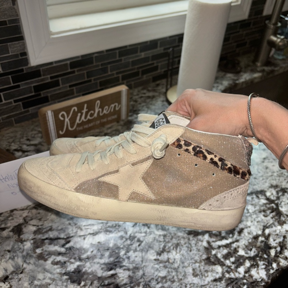 Beige High-Top Sneakers with Leopard Print